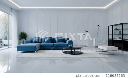 A modern living room with a blue sectional sofa, white walls, and minimalist decor 116083263