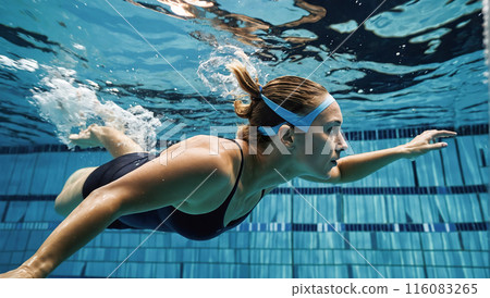 Underwater shot of a female swimmer gliding through the water with a focused expression. 116083265
