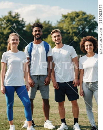 Group of friends in athletic wear smiling outdoors on a sunny day, representing fitness and friendship. 116083273
