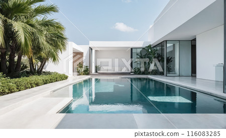 A minimalist outdoor pool area surrounded by lush palm trees and stark white architecture. The design is sleek and modern, offering a tranquil space for relaxation and enjoyment. 116083285