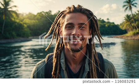 A smiling European male traveler with dreadlocks and a backpack stands by a river in a tropical setting, enjoying the view. 116083291