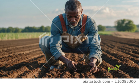 An African American farmer crouches in a field, carefully examining the fertile soil. An African American farmer crouches in a field, carefully examining the fertile soil. 116083300