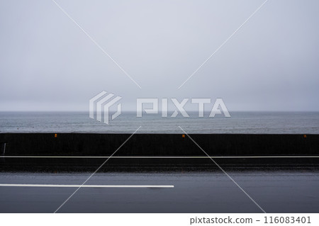 The sea on a rainy day, overlooking the horizon 116083401