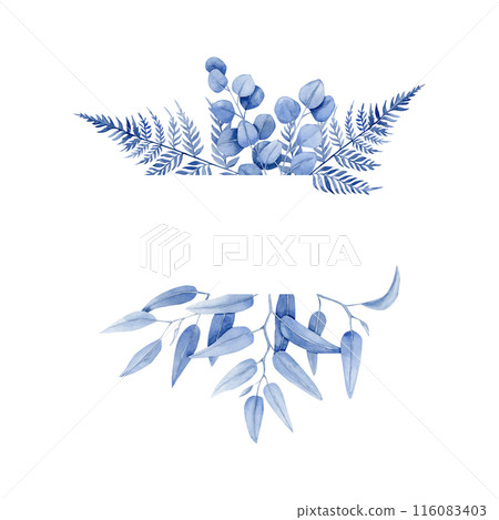 Frame of blue watercolor illustration with fern, silver dollar eucalyptus and smilax eucalyptus. Frame of blue watercolor illustration with fern, silver dollar eucalyptus and smilax eucalyptus. 116083403