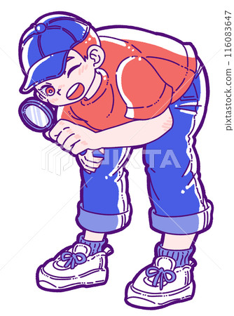 Boy investigating with a magnifying glass Boy investigating with a magnifying glass 116083647