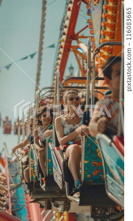 With smiles all around, mom, dad, and children share thrilling moments on the rides, bonding over exhilarating experiences at the theme park 116083665