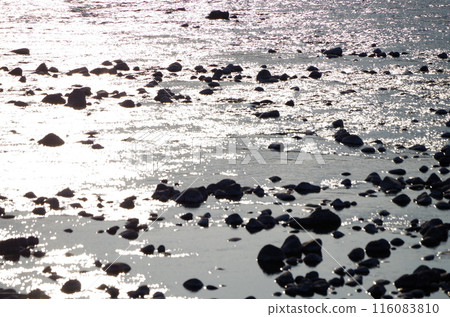 河上的清晨陽光和石頭的輪廓 116083810