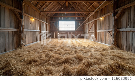 Old empty barn interior with with hay on the floor, sunlight shining through the window. 116083995