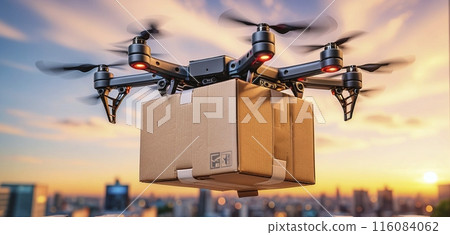 Conceptual presentation of an intelligent parcel drone that will deliver shipments by air in the future and speed up the logistics and transportation of mail items 116084062