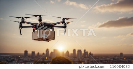 Conceptual presentation of an intelligent parcel drone that will deliver shipments by air in the future and speed up the logistics and transportation of mail items 116084083