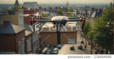 Conceptual presentation of an intelligent parcel drone that will deliver shipments by air in the future and speed up the logistics and transportation of mail items 116084098