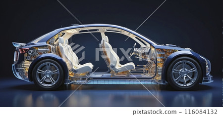 Conceptual view of a transparent fictional car, with exposed technical interior parts in a futuristic design 116084132
