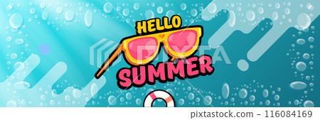 Super Hello summer vector banner with text and retro yellow sunglasses isolated on blue water background. Hello summer poster design template with cartoon sunglasses, beach, water pool , summer vibe 116084169
