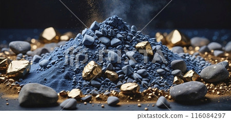Pile of different rare mineral clays ground to powder, as well as bound and enclosed in various rocks for the technical industry 116084297