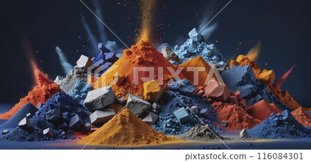 Pile of different rare mineral clays ground to powder, as well as bound and enclosed in various rocks for the technical industry 116084301