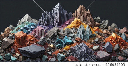 Pile of different rare mineral clays ground to powder, as well as bound and enclosed in various rocks for the technical industry 116084303