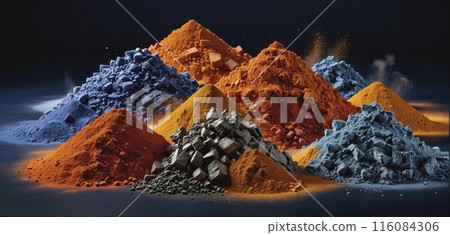 Pile of different rare mineral clays ground to powder, as well as bound and enclosed in various rocks for the technical industry Pile of different rare mineral clays ground to powder, as well as bound and enclosed in various rocks for the technical industry 116084306