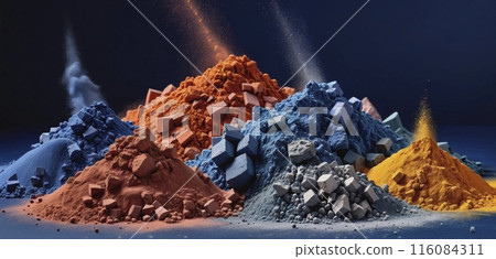Pile of different rare mineral clays ground to powder, as well as bound and enclosed in various rocks for the technical industry 116084311