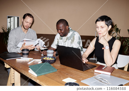 Minimal shot of business meeting with diverse group of people using computer and discussing project development in office shot with flash Minimal shot of business meeting with diverse group of people using computer and discussing project development in office shot with flash 116084388
