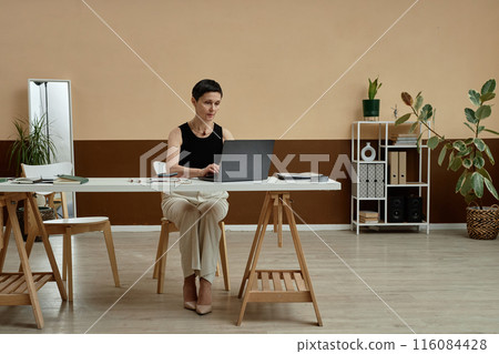 Minimal wide angle portrait of successful mature woman using laptop at home office workplace in neutral colors copy space 116084428
