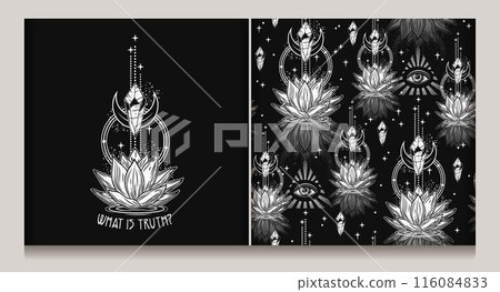 Seamless mysterious pattern, label with lotus flower, crystals, third eye, moon, scattered stars, sparkles. Mystical insight concept for meditation, clear consciousness. Vintage style. Seamless mysterious pattern, label with lotus flower, crystals, third eye, moon, scattered stars, sparkles. Mystical insight concept for meditation, clear consciousness. Vintage style. 116084833