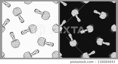 Seamless black and white patterns with fantasy mushroom fly agaric. Loose composition. Set of patterns on black, white background. 116084843