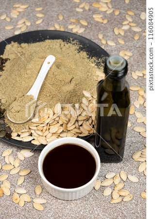 Pumpkin products - oil, flour and pumpkin seeds. Pumpkin products - oil, flour and pumpkin seeds. 116084905