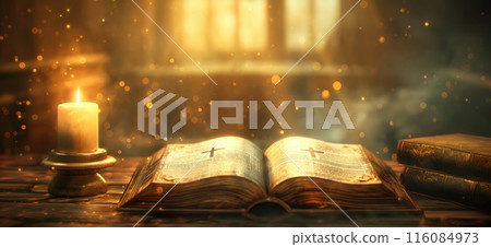 Bible. Ancient holy bible with a cross on the cover lying on a desk Bible. Ancient holy bible with a cross on the cover lying on a desk 116084973