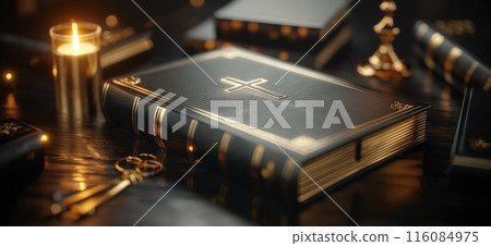 Bible. Ancient holy bible with a cross on the cover lying on a desk 116084975