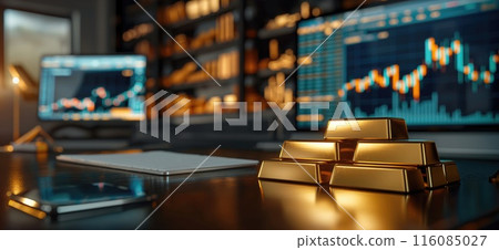 Investing in gold concept. Gold bars on a desk with charts showing gold trading trends on displays in the background Investing in gold concept. Gold bars on a desk with charts showing gold trading trends on displays in the background 116085027