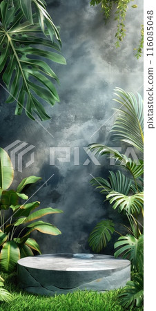 Natural rock pedestal with tropical palm leafs and concrete wall in the background. Stone podium mockup. Scene stage decoration for promotion sale or advertising of beauty and spa products and 116085048