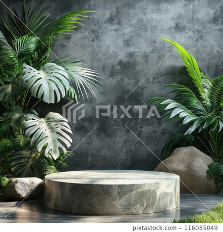 Natural rock pedestal with tropical palm leafs and concrete wall in the background. Stone podium mockup. Scene stage decoration for promotion sale or advertising of beauty and spa products and Natural rock pedestal with tropical palm leafs and concrete wall in the background. Stone podium mockup. Scene stage decoration for promotion sale or advertising of beauty and spa products and 116085049