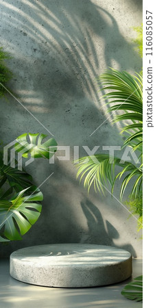 Natural rock pedestal with tropical palm leafs and concrete wall in the background. Stone podium mockup. Scene stage decoration for promotion sale or advertising of beauty and spa products and 116085057