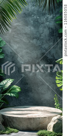 Natural rock pedestal with tropical palm leafs and concrete wall in the background. Stone podium mockup. Scene stage decoration for promotion sale or advertising of beauty and spa products and 116085058
