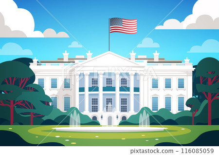White House US presidential election American flag iconic building front view with garden trees blue sky clouds background 116085059