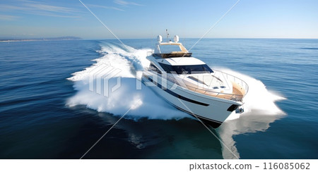 Luxury speed boat cruising on the ocean. Yacht on the sea Luxury speed boat cruising on the ocean. Yacht on the sea 116085062