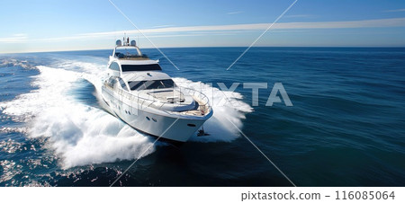 Luxury speed boat cruising on the ocean. Yacht on the sea 116085064