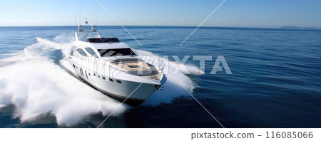 Luxury speed boat cruising on the ocean. Yacht on the sea Luxury speed boat cruising on the ocean. Yacht on the sea 116085066