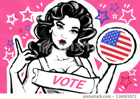 US presidential election pop art woman promoting voting stars USA flag pink background 116085072