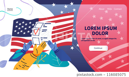 US presidential election voting concept Hands casting ballots against American flag background website design 116085075