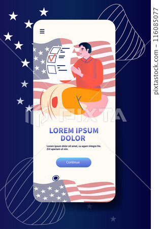 US presidential election mobile app screen Man voting online with USA flag background US presidential election mobile app screen Man voting online with USA flag background 116085077