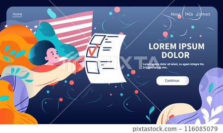 US presidential election voting concept abstract colorful scene with person holding ballot paper USA flag background website design template 116085079