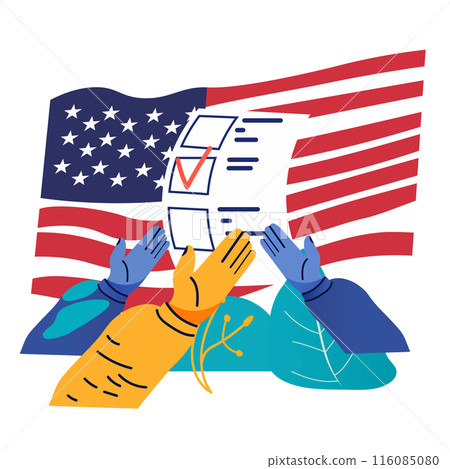 US presidential election voting hands ballot American flag democracy colorful abstract design 116085080