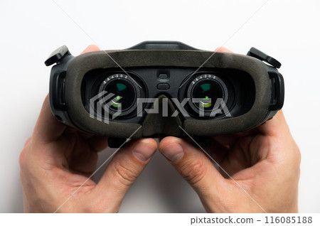 Black fpv or virtual reality glasses with lenses, on a white background. Close-up view from inside 116085188