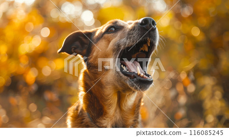 Aggressive dog shows dangerous teeth. Angry dog attack. 116085245