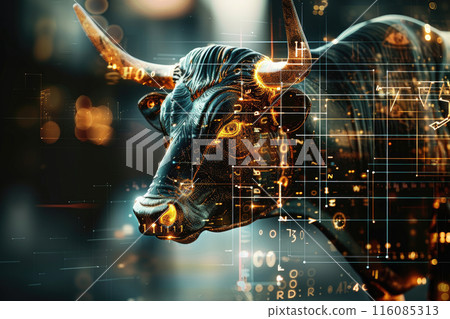 Double exposure image of digital financial background and a bull as symbol of stock market. Financial trading concept. 116085313