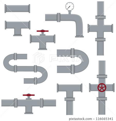 A set of industrial pipelines. Oil, water or gas pipeline with fittings and valves. Isolated vector illustration 116085341