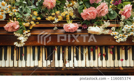 Summer flowers on the piano keyboard. Vintage wooden piano decorated with flowers. Summer flowers on the piano keyboard. Vintage wooden piano decorated with flowers. 116085374