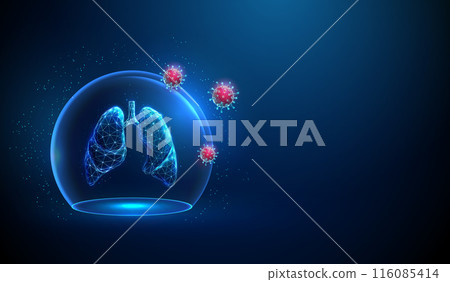 Abstract blue human lungs inside glass dome and red viruses outside Neon sphere shield Healthcare protection medical concept Futuristic low poly style Geometric background Technology wireframe Vector 116085414