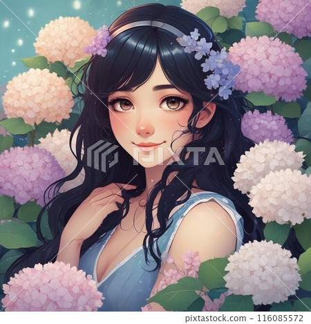 Portrait of a smiling young woman with hydrangea flowers in the background 1 116085572